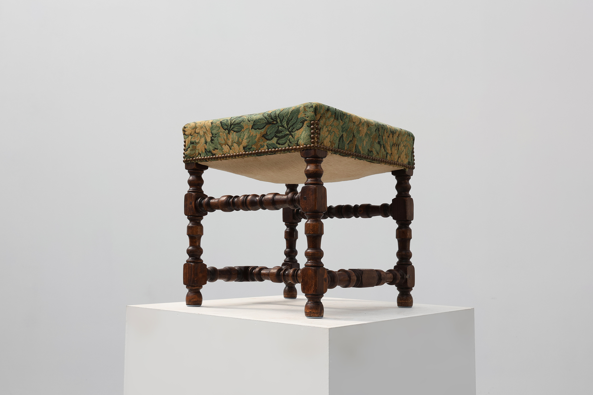Louis XIII‑Style Walnut Stool with Floral Tapestry Seat, France, circa 1840thumbnail